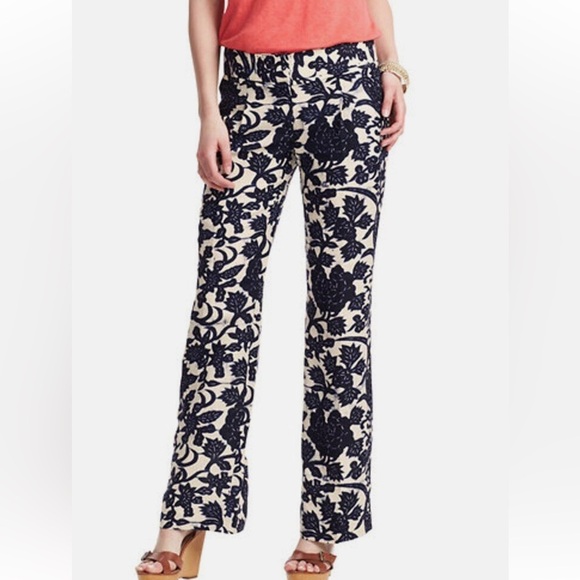 ANN TAYLOR-LOFT Navy and beige floral Marisa linen blend Pants size 6 - Picture 2 of 15